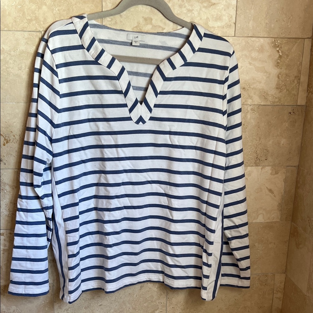 j.Jill  V-Neck Long Sleeve Shirt - White & Navy XL